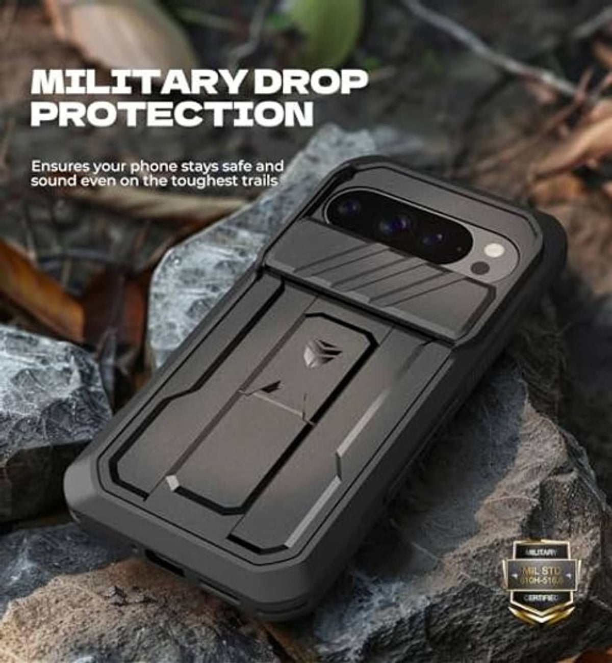 Black rugged phone case with camera cover and military-style protection, on rocky surface