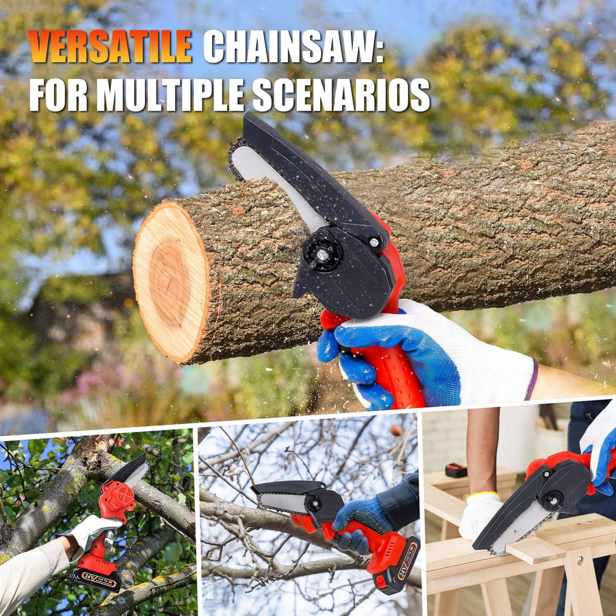 One-hand mini cordless chainsaw in red and black with blue-gloved grip on branches