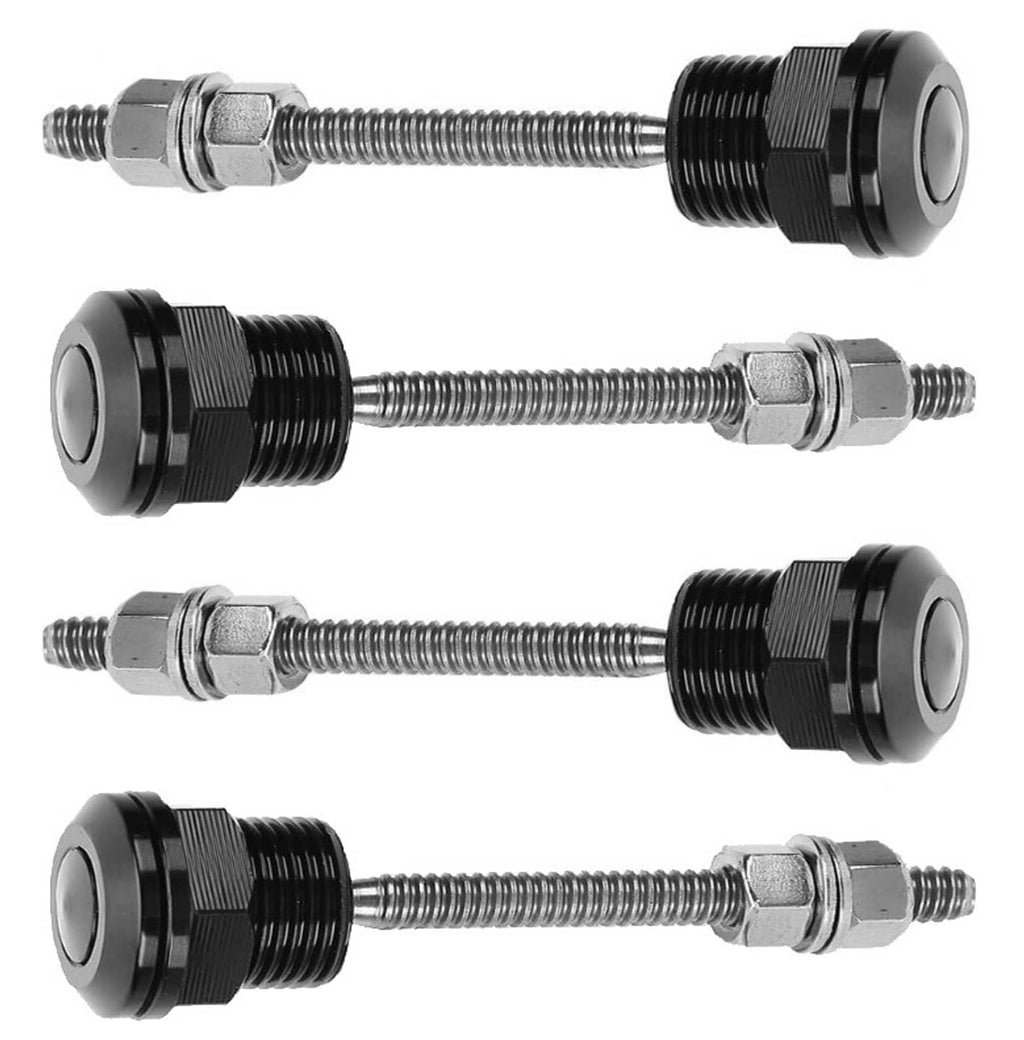 Four black hood latch pins with push-button release, threaded shafts, and brackets