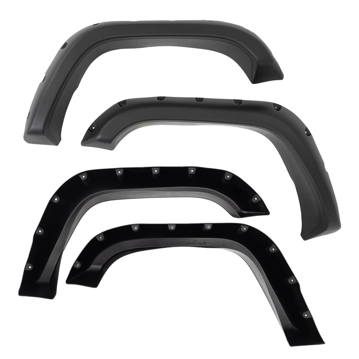 Curved black fender flare set with three-piece stacked wheel arch coverage
