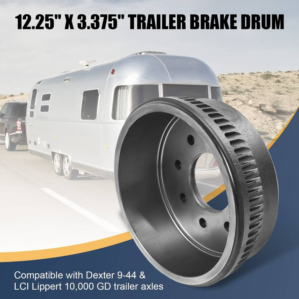 Front view of a vented trailer brake drum with mounting bolt holes and center hole
