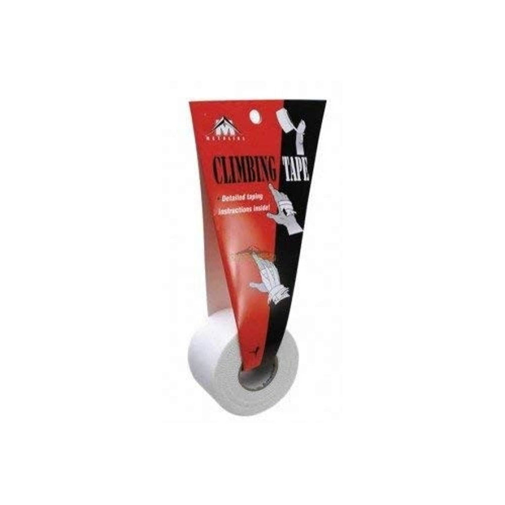 White cotton athletic tape roll in retail package, adhesive tape strip shown