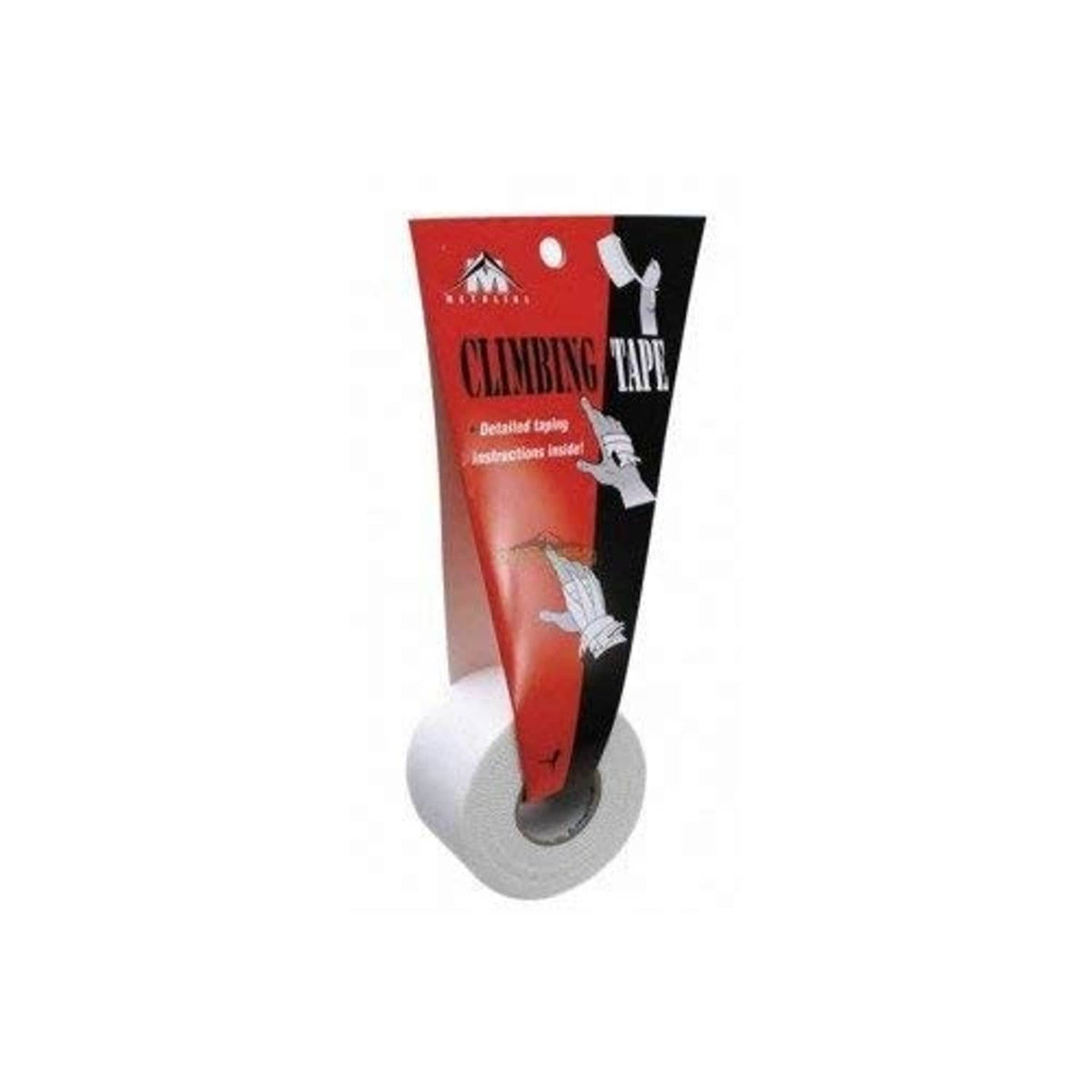 White cotton athletic tape roll in retail package, adhesive tape strip shown