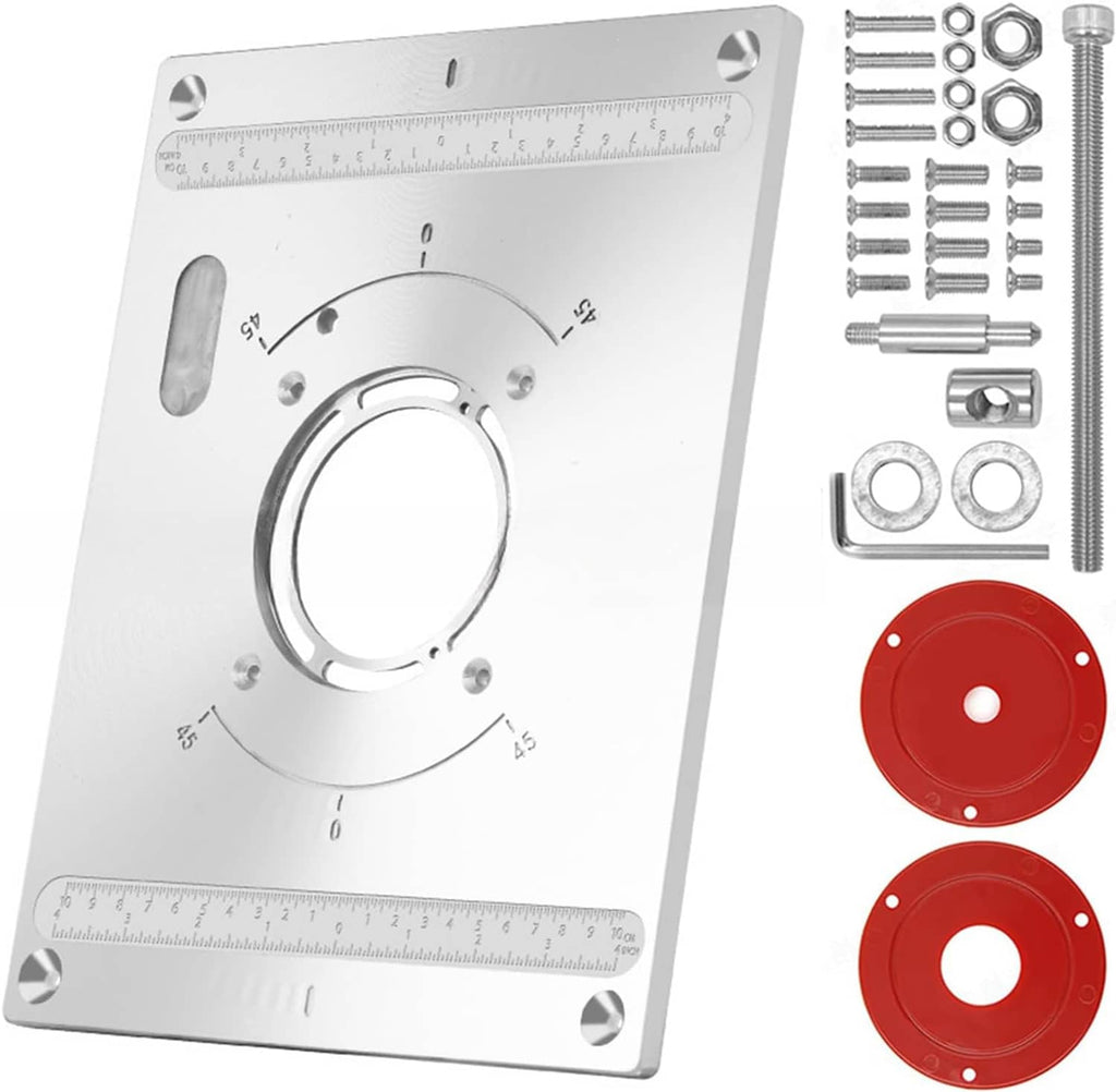 Aluminum router table insert plate with circular opening, measurement marks, mounting holes