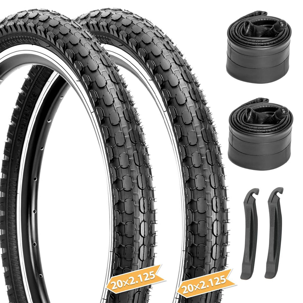 Kids bike tire set, black knobby tires with inner tubes and tire levers