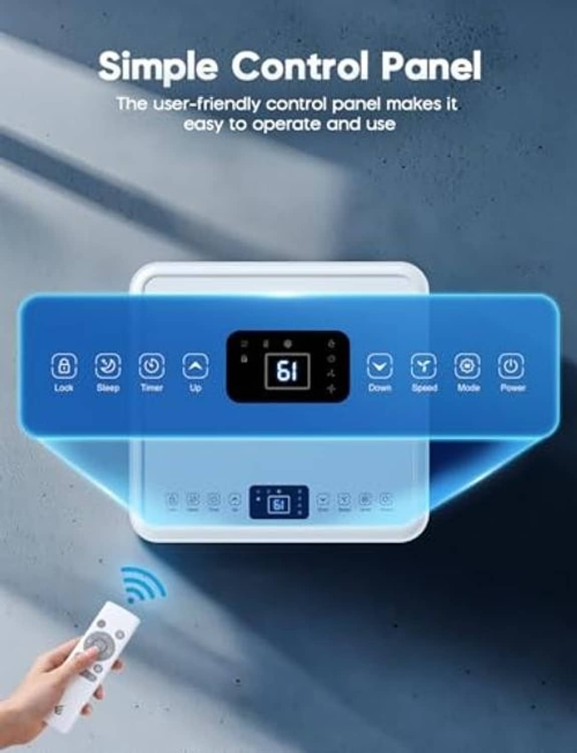 Portable air conditioner control panel with digital display and remote