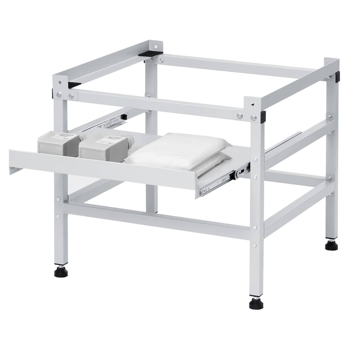 Adjustable laundry machine base with dual trays, white metal frame and leveling feet