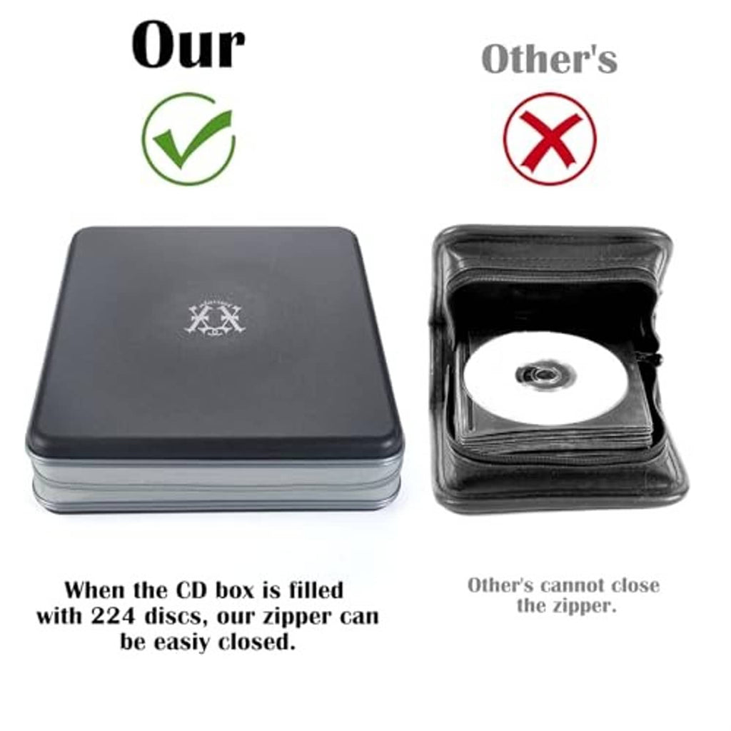Black CD storage case with stacked discs and an open zippered compartment
