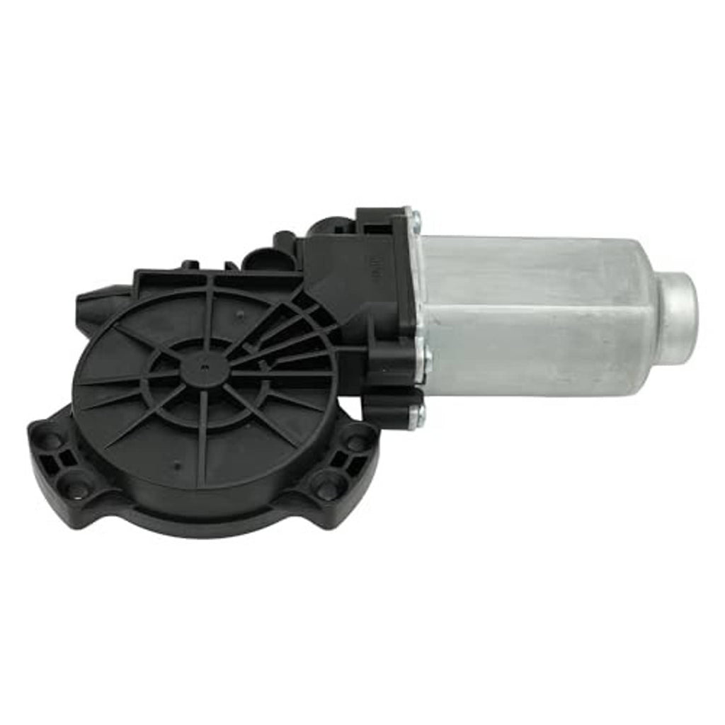 Power window motor with black fan-like regulator wheel and silver actuator cylinder