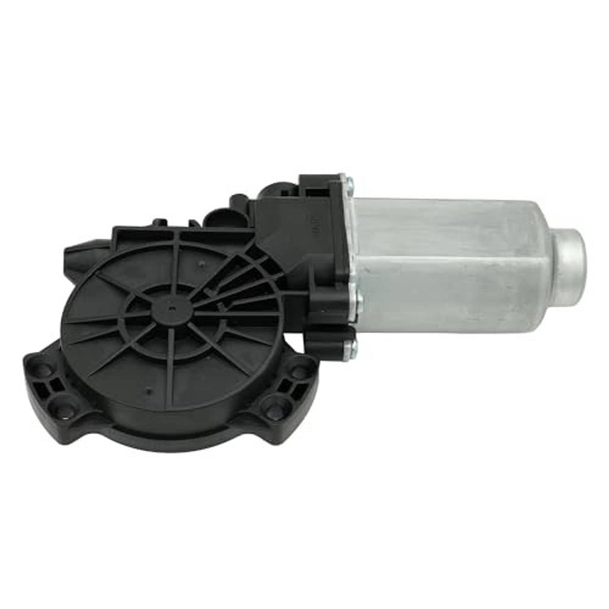 Power window motor with black fan-like regulator wheel and silver actuator cylinder