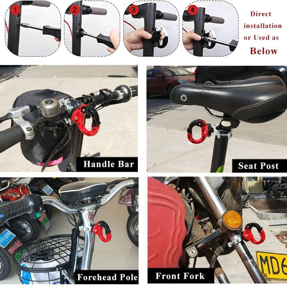 Electric scooter hanger hook shown for mounting on handlebar or seat post, black