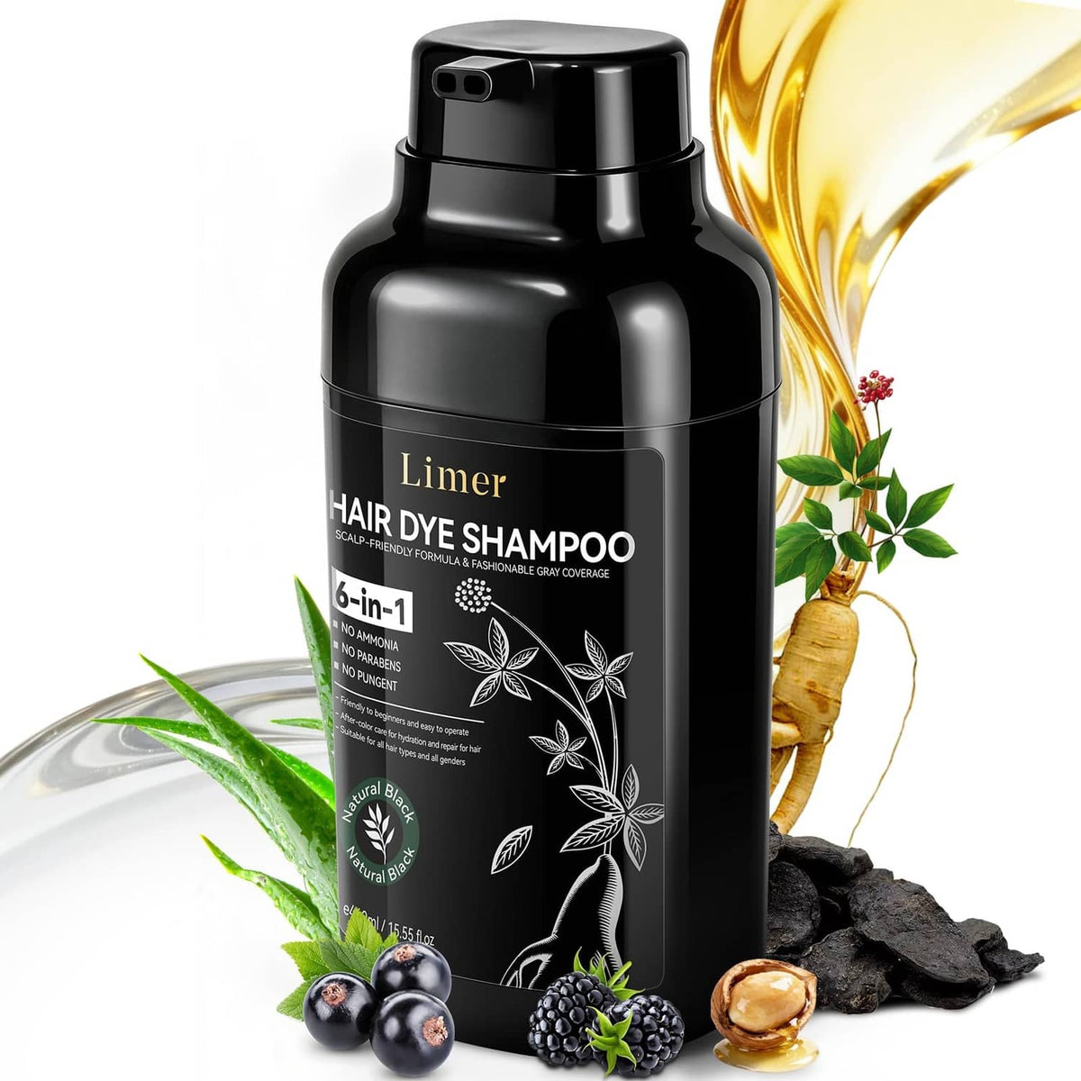 Black hair dye shampoo bottle, 6-in-1 formula for gray coverage