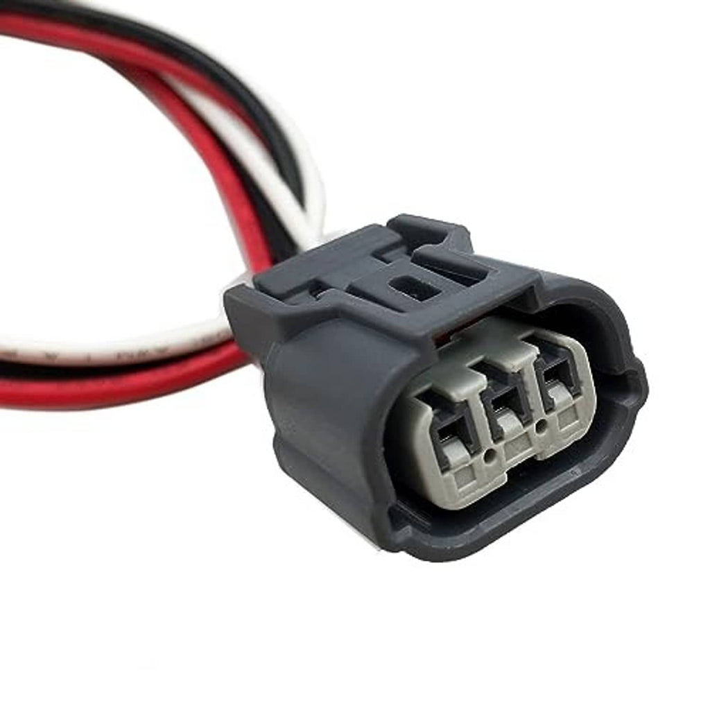 DRL pigtail connector with grey plug body and red/black insulated wiring