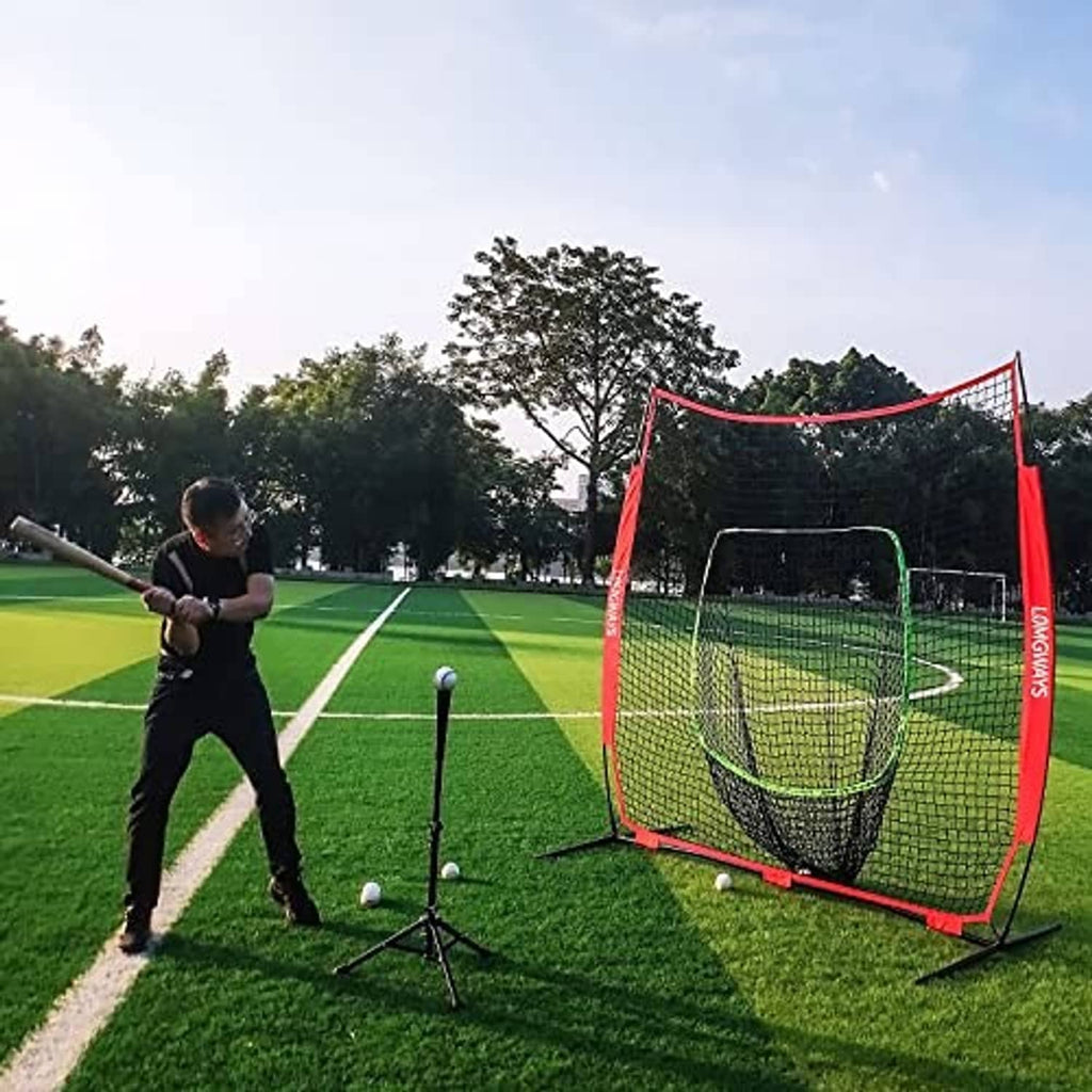 Outdoor pop-up practice net with red frame and white mesh, green trim on grass