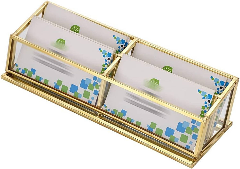Top view of vintage gold 4-slot business card holder with clear glass dividers