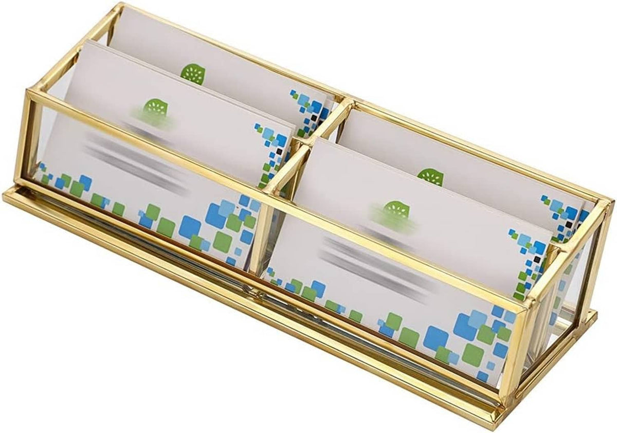 Top view of vintage gold 4-slot business card holder with clear glass dividers