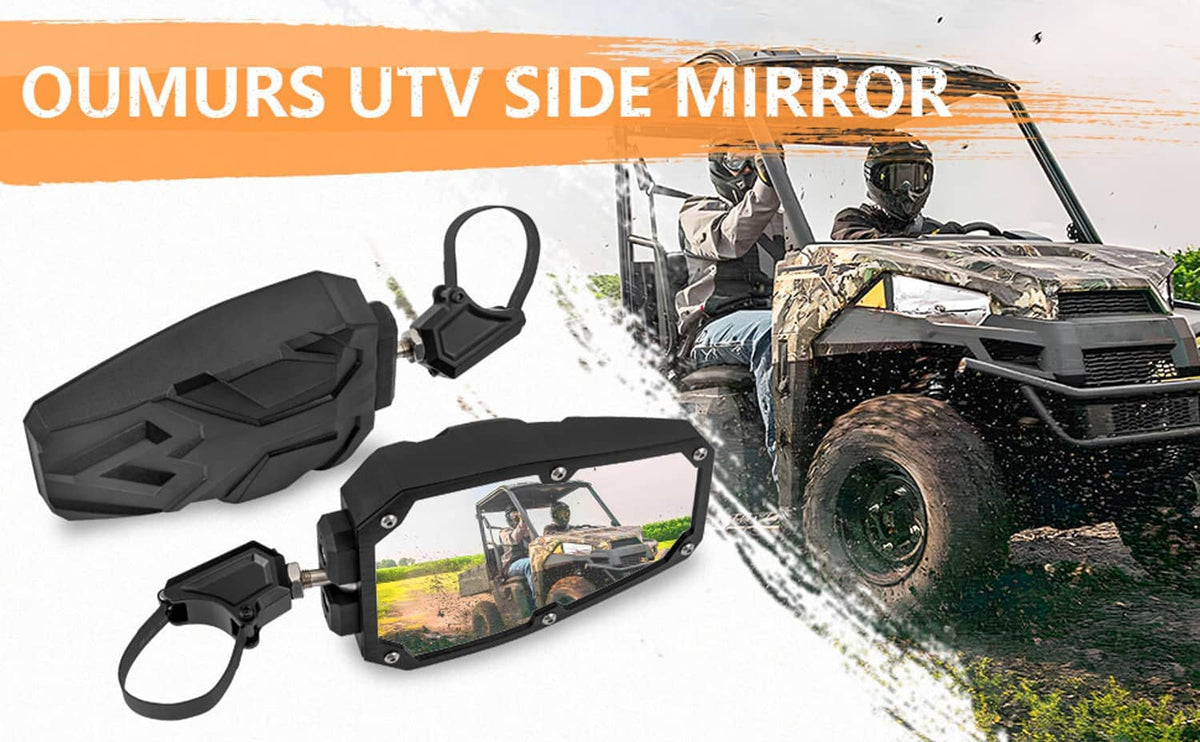 UTV side mirror set with black housing and wide rectangular convex mirror