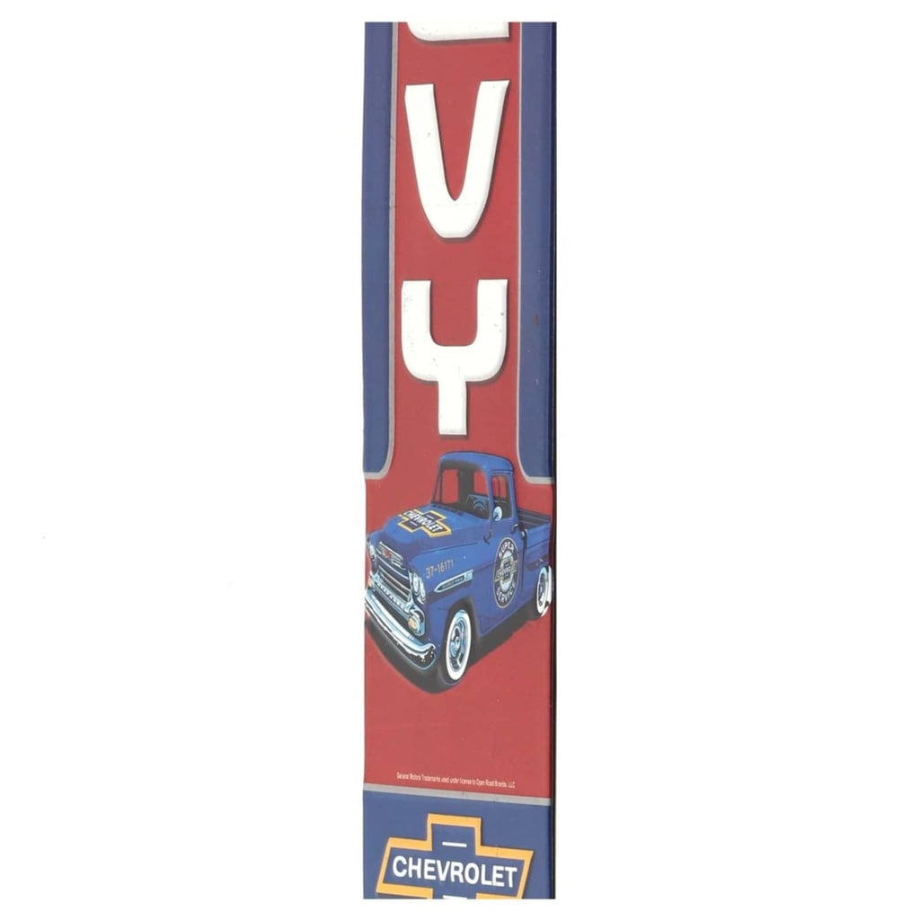 Chevrolet vintage metal wall sign, red CH EV Y text, blue border, car and Chevrolet badge.