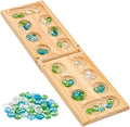 Wooden mancala board with 48 translucent glass stones in green, blue, and clear