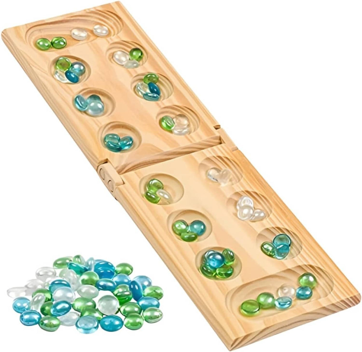 Wooden mancala board with 48 translucent glass stones in green, blue, and clear