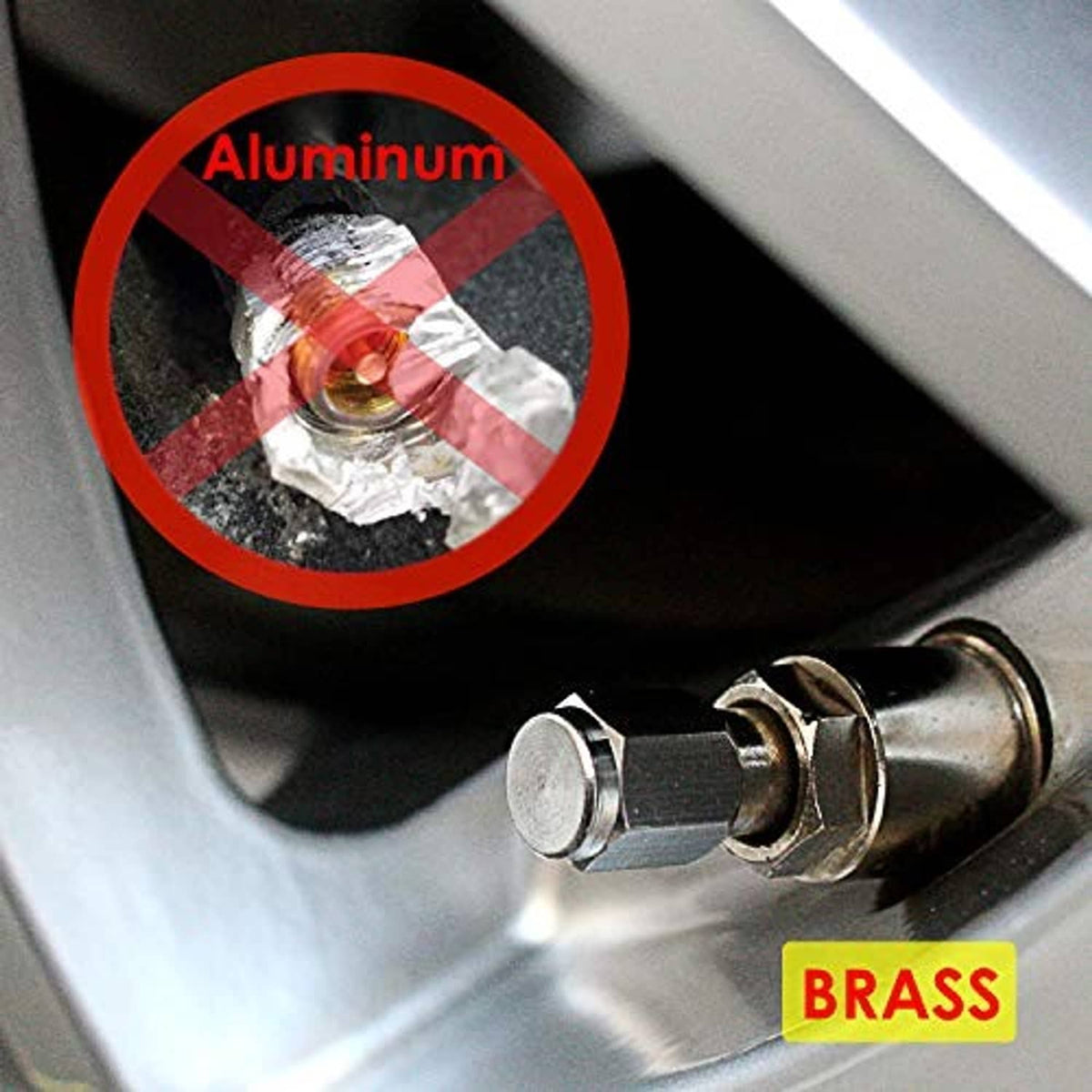 Brass-toned metal tire valve cap installed on a tire valve stem with seal.