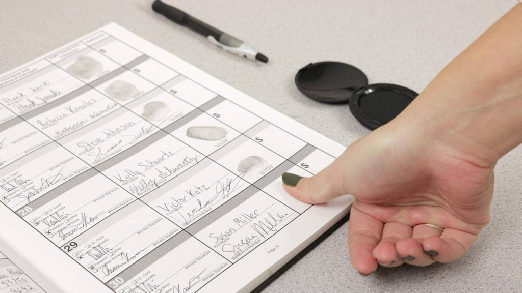 Inkless fingerprint pad and hand stamping onto a form with fingerprint impressions