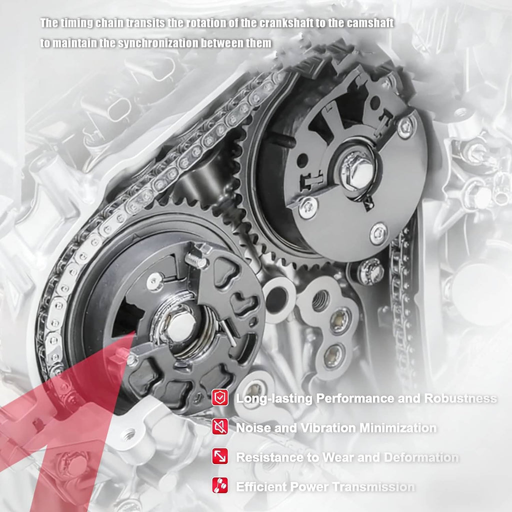 Timing chain drive set close-up with metal chain and sprocket gears