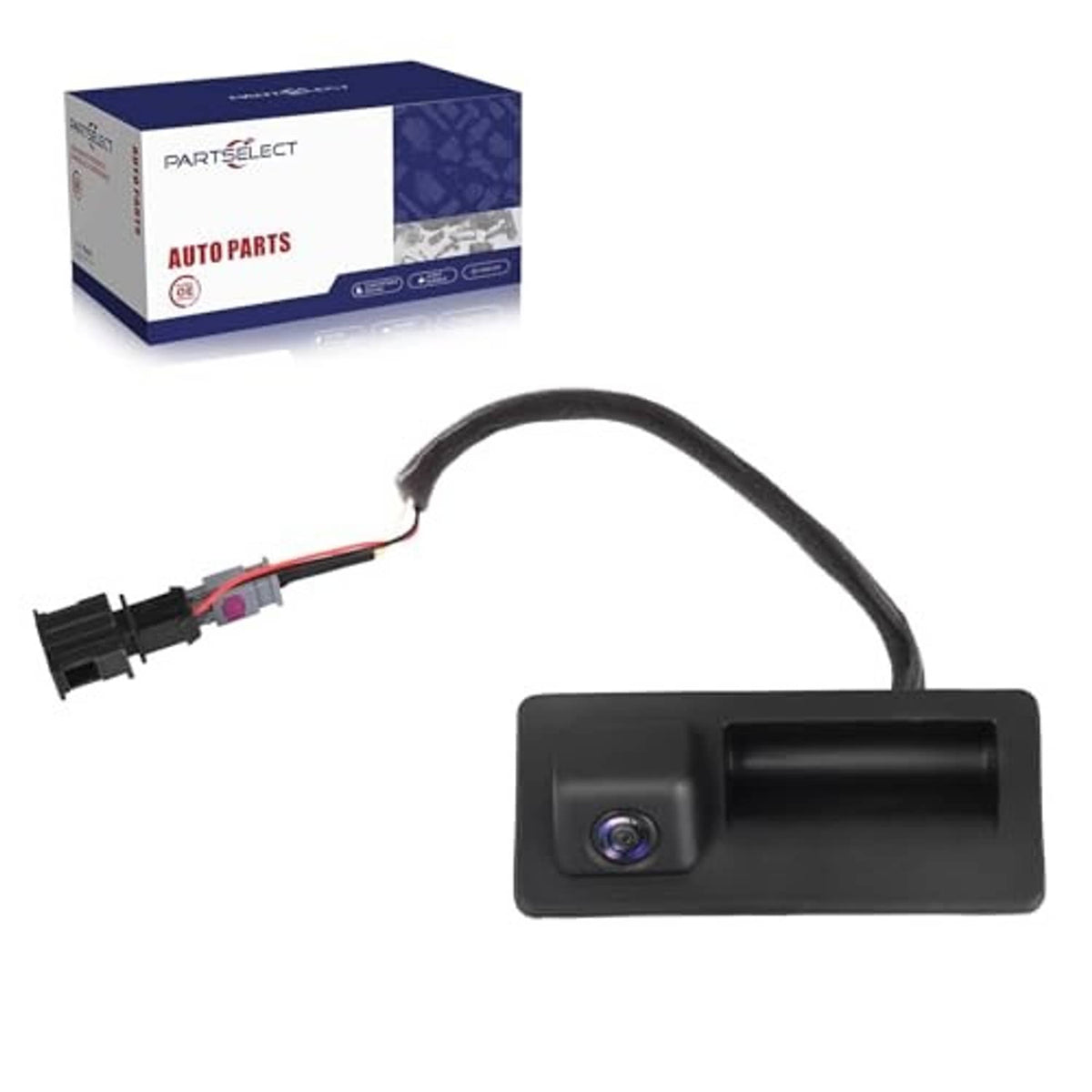 Tailgate backup camera system with black camera housing and cable harness