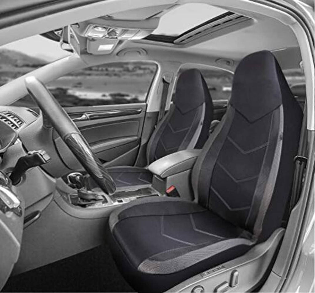 High-back car seat covers installed on front seats, black with gray accent inserts
