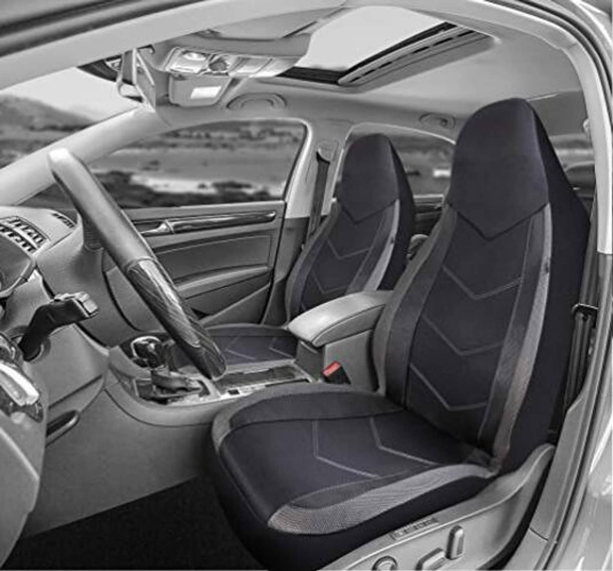 High-back car seat covers installed on front seats, black with gray accent inserts