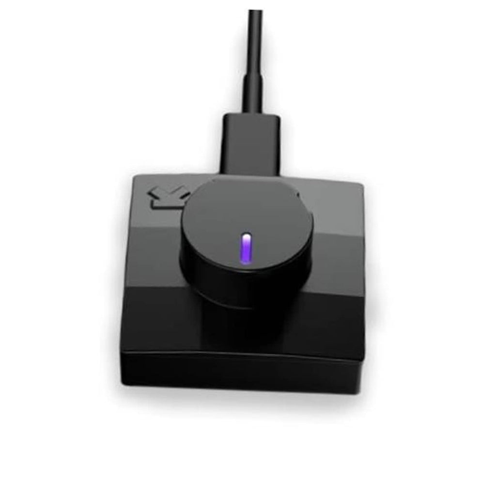 Black ring charger dock with purple-lit indicator on circular top and attached cable