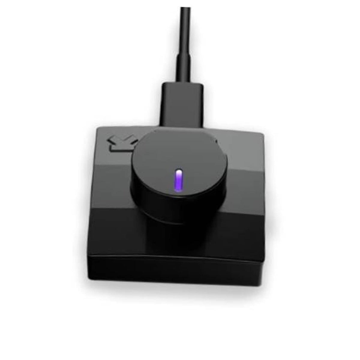 Black ring charger dock with purple-lit indicator on circular top and attached cable