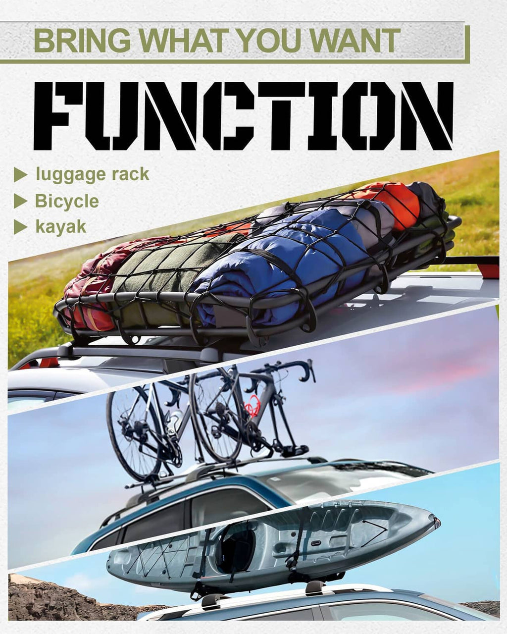 Roof rack cross bars on vehicle roof with bicycle carrier and cargo rack