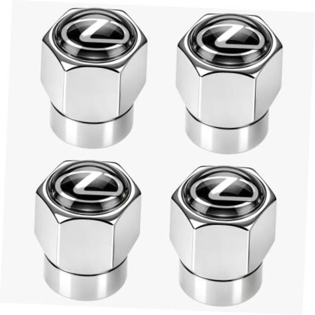 Set of four chrome tire valve stem caps with black center and Lexus-style emblem
