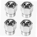 Set of four chrome tire valve stem caps with black center and Lexus-style emblem