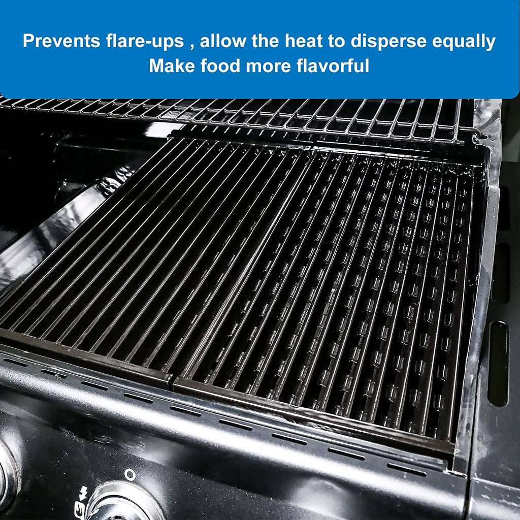 Close-up of black grill grate with parallel bars on stainless frame