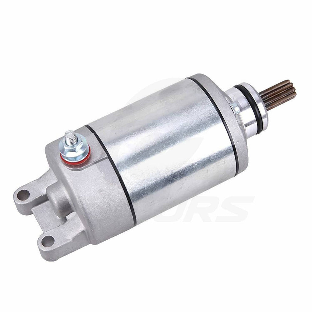 Starter motor with silver cylinder body, black band, and copper drive shaft end