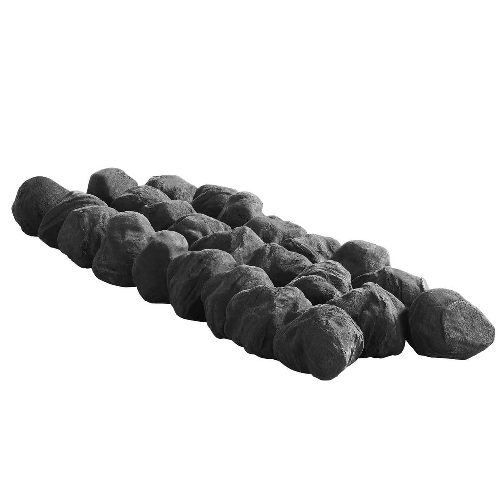 Black lava rocks fire pit stones, assorted rounded pieces in a pile
