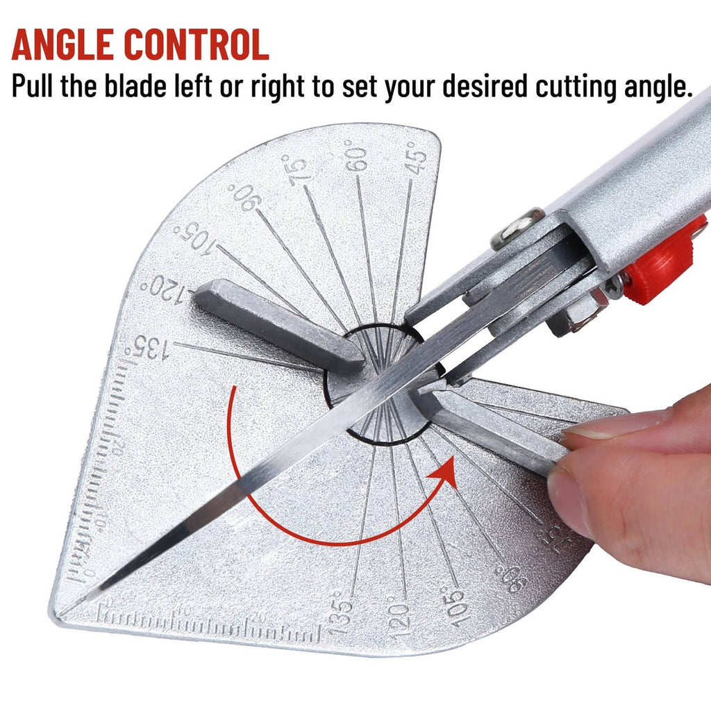 Miter shears angle control showing pivot and rotating scale for setting cutting angle