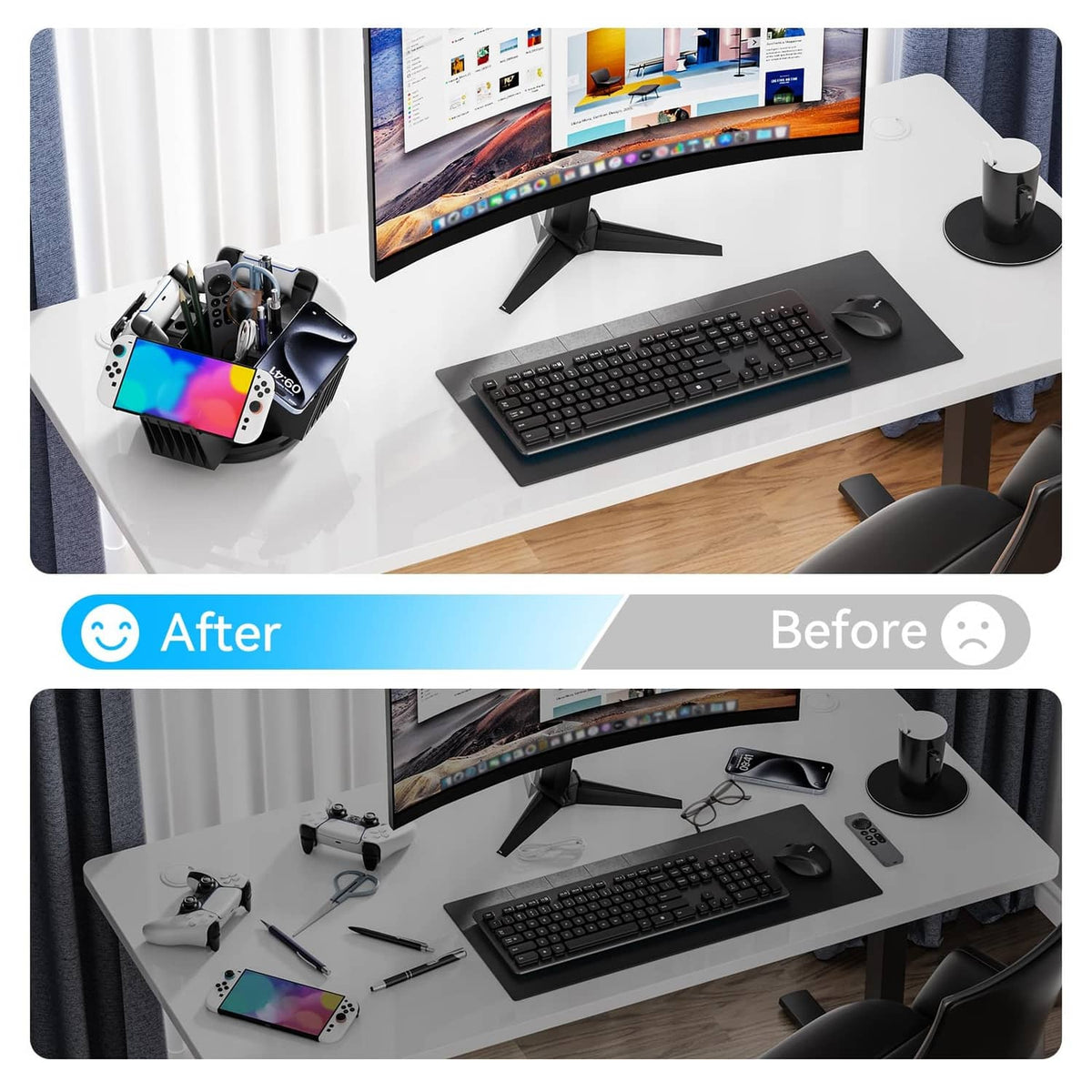 Black controller organizer on a white desk holding controllers and pens in cup slots