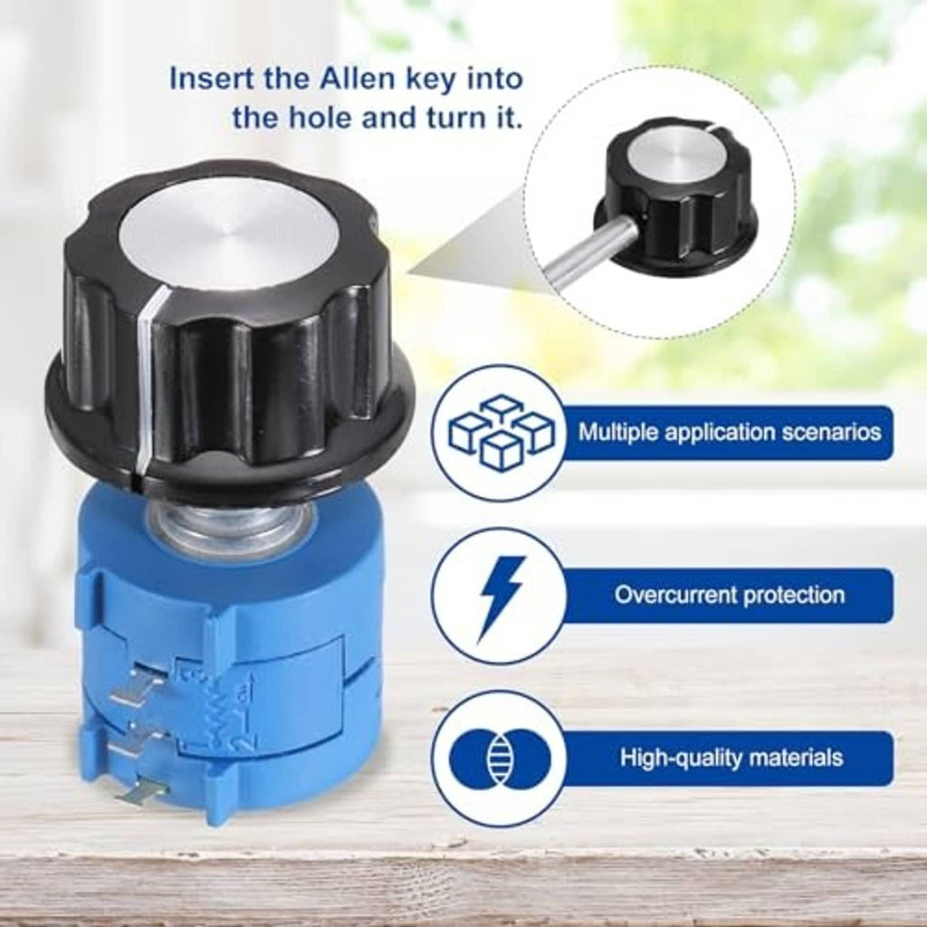 Rotary potentiometer with black adjustment cap on blue base, insert key for turning