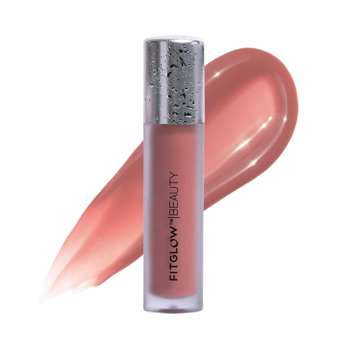 Nude rose hydrating lip gloss serum tube with silver cap and glossy swatch