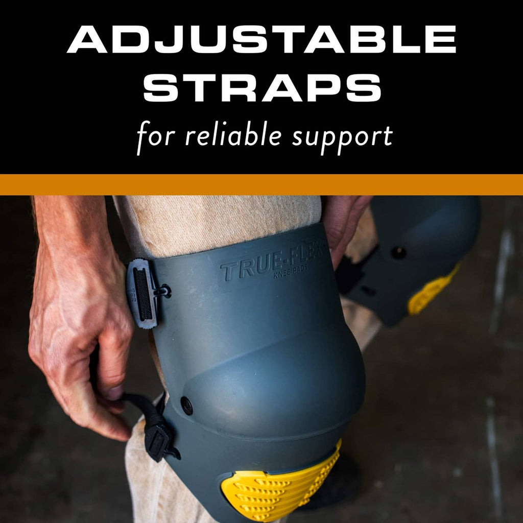 Adjustable knee foam padding pad worn on leg, dark gray shell with yellow insert