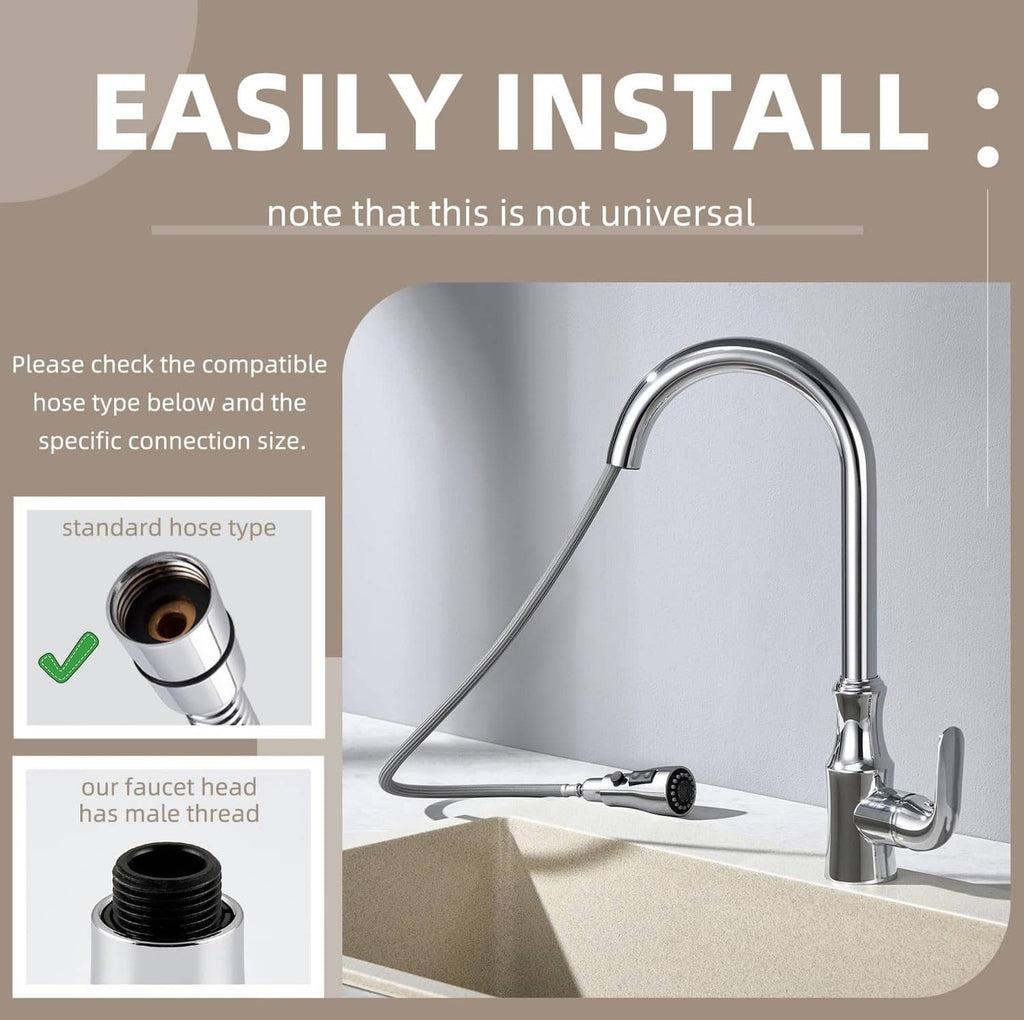 Chrome faucet sprayer head shown for compatible hose installation