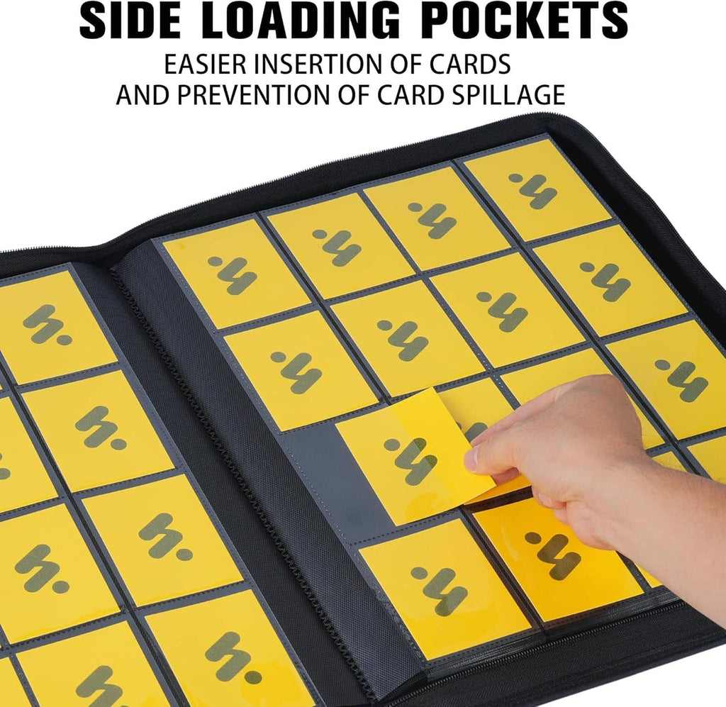 Purple binder with black spine, side-loading pockets and yellow grid; hand pointing