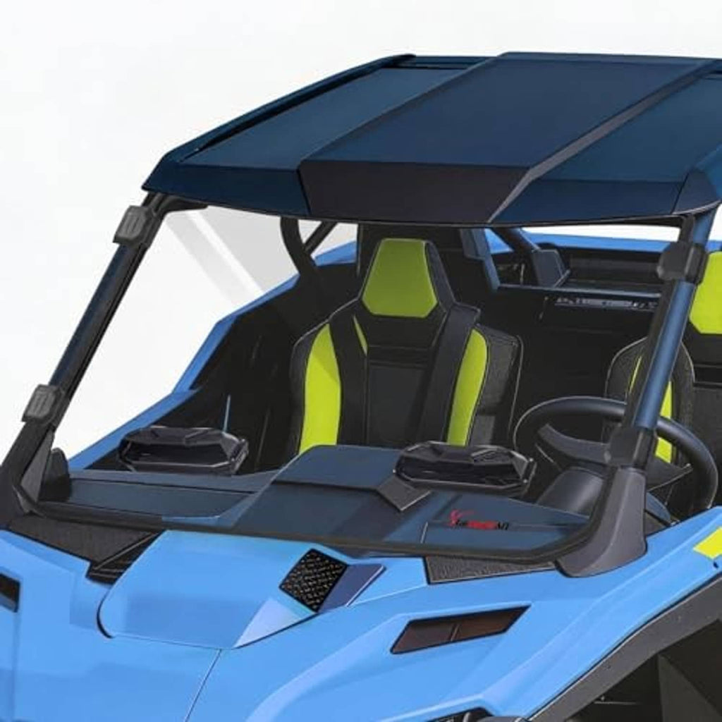 UTV full vented windshield, dark tinted panel with black frame on blue off-road vehicle