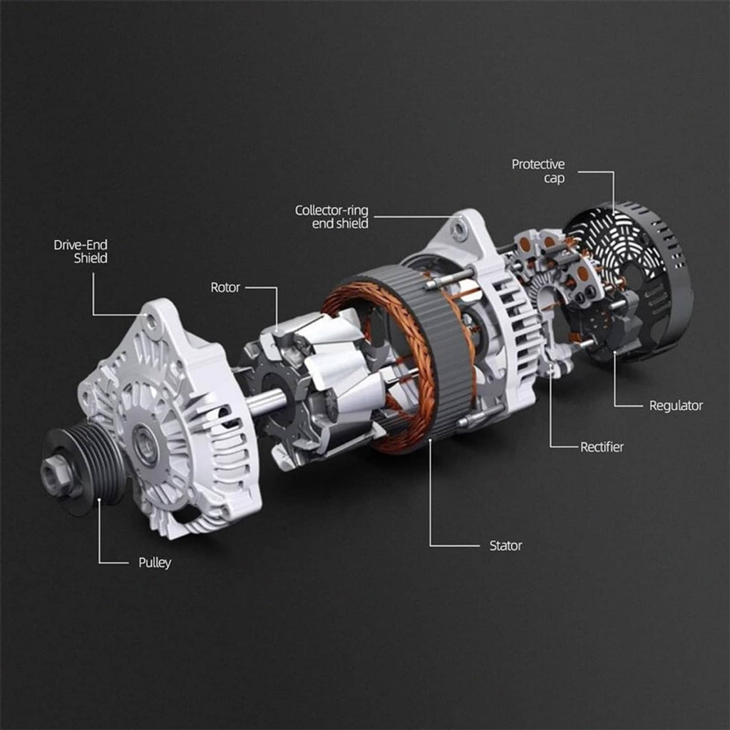 Alternator cutaway showing rotor, stator windings, rectifier and regulator components