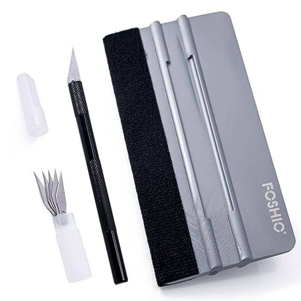 Window tint felt squeegee kit with black felt pad and black craft knife, plus small tool pieces
