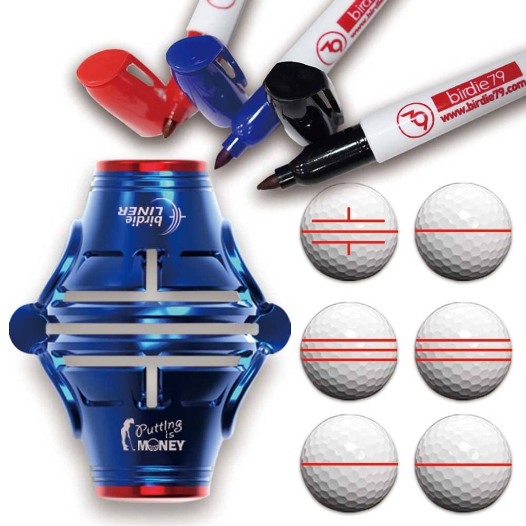 Blue 360-degree golf ball alignment marker tool kit with three pens and marker disc