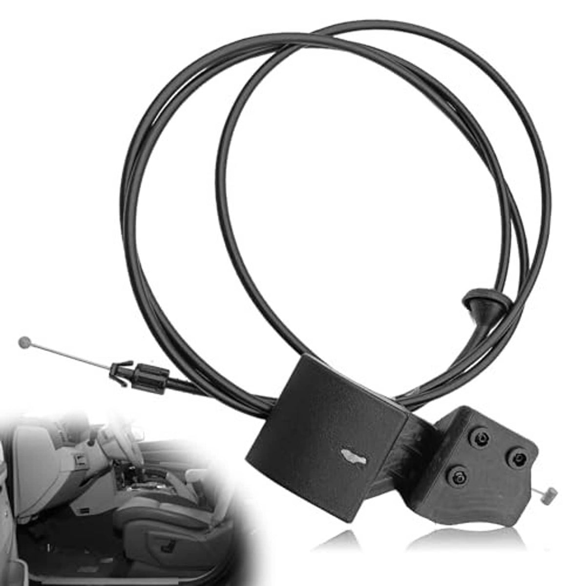 Black hood release cable with handle and multi-bolt latch connector, bundled wire